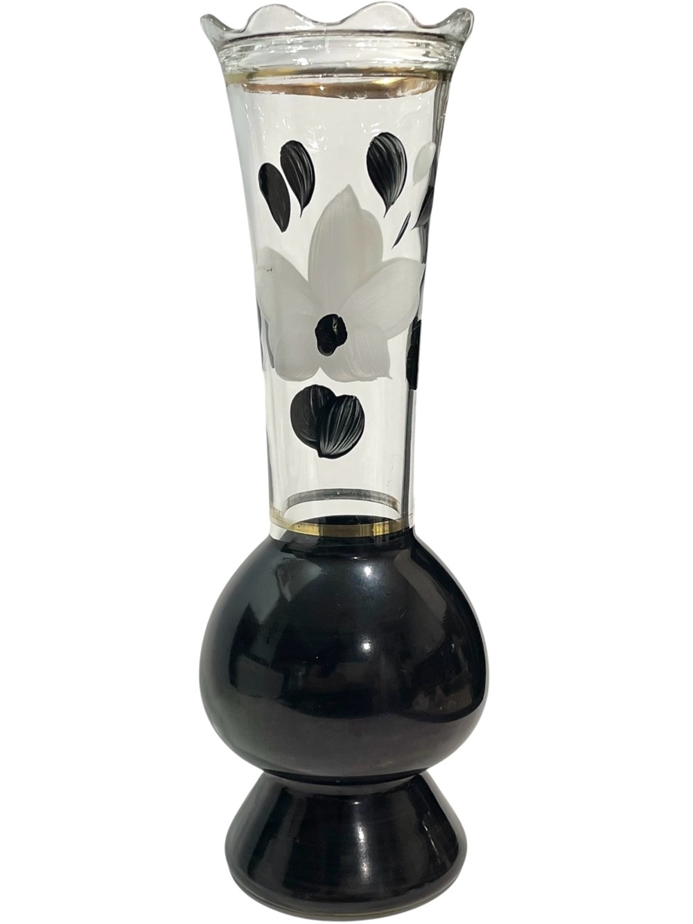 Vintage 1950s Bartlett Collins Hand-Painted Bud Vase - Black and White Floral